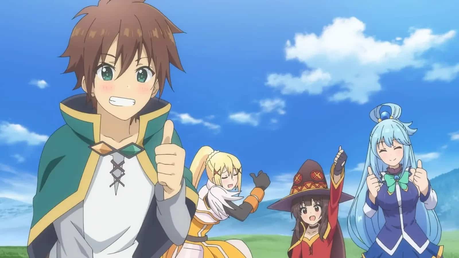 KonoSuba main characters smiling and posing against a blue sky