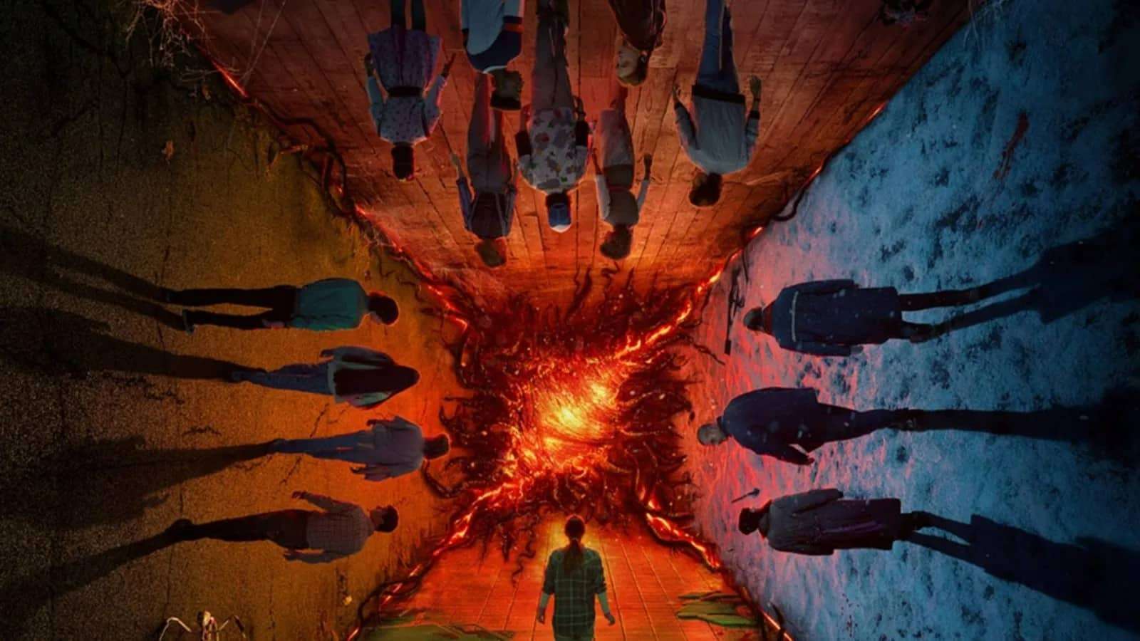 The cast of Stranger things walking towards the gate in Season 4 poster