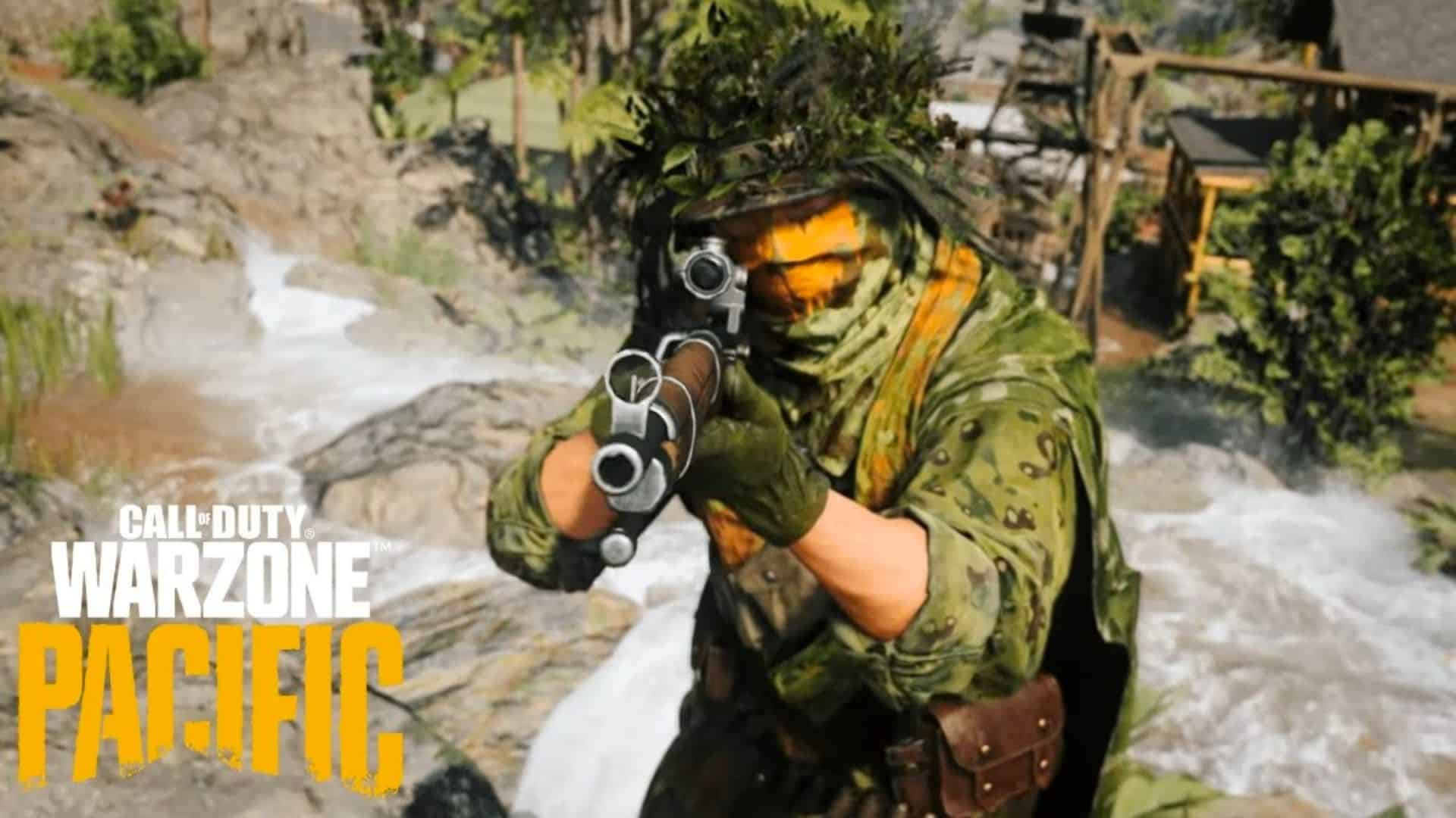 Warzone character in camoflague pointing sniper