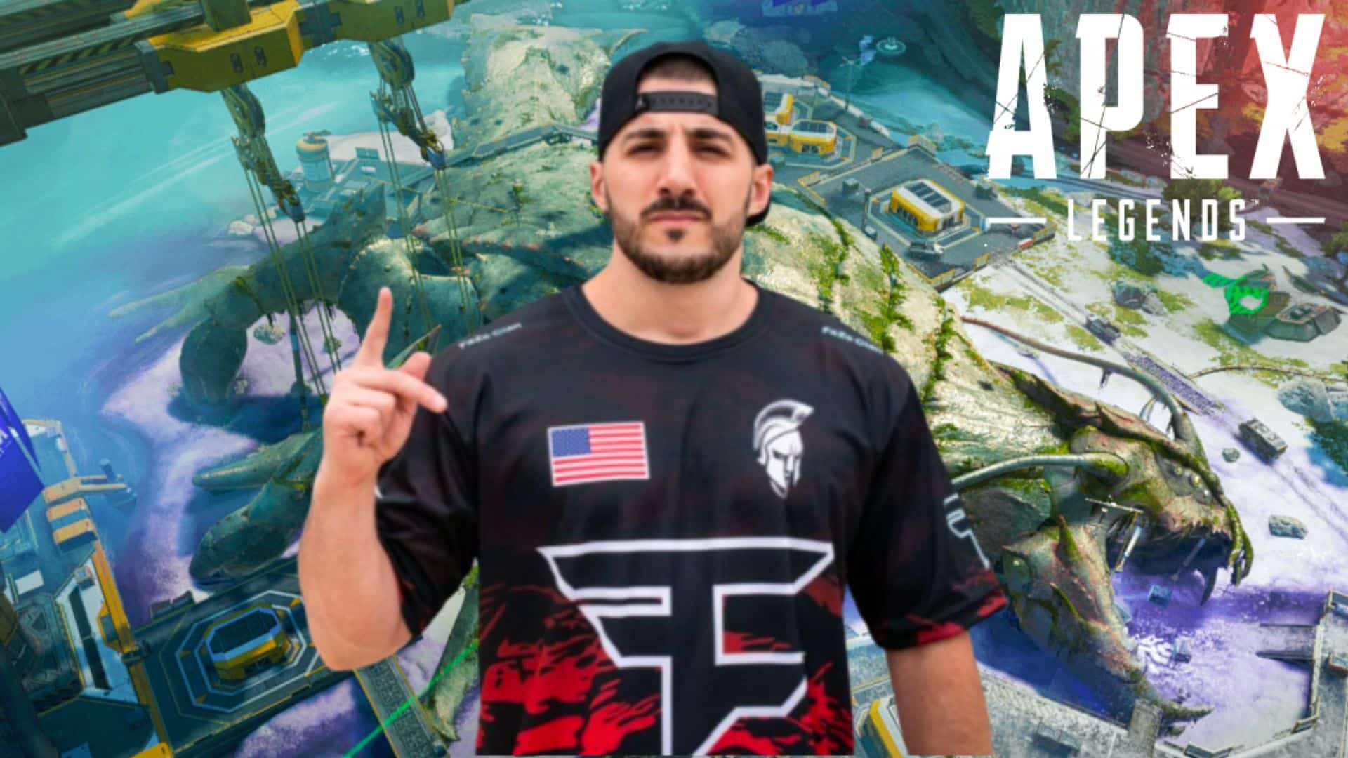 NICKMERCS pointing to sky on Apex Legends Storm Point map