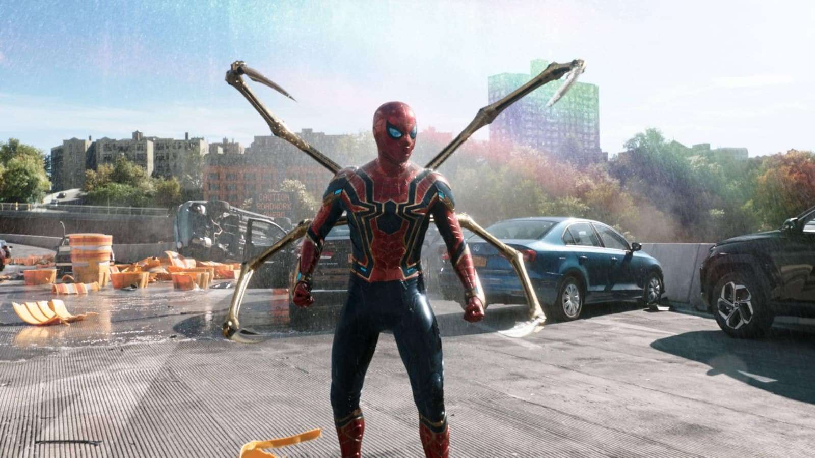 Spider-man stands on a bridge in No Way Home