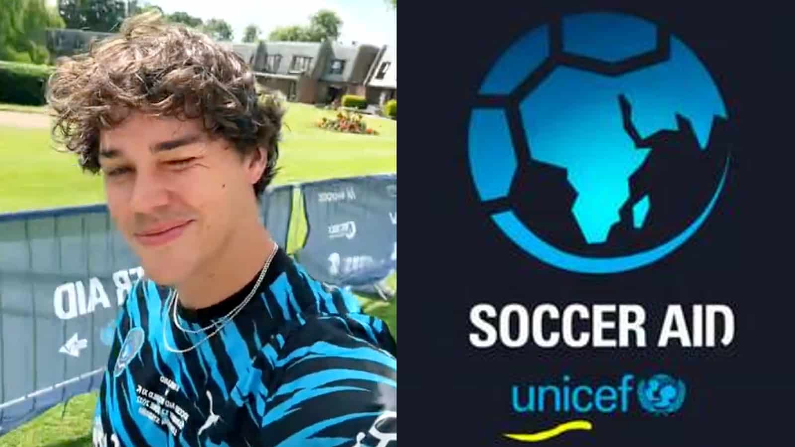 Noah Beck next to the Soccer Aid logo