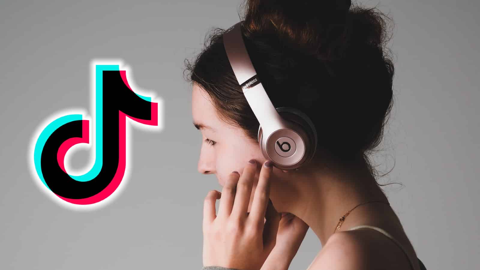 Person wearing headphones next to TikTok logo