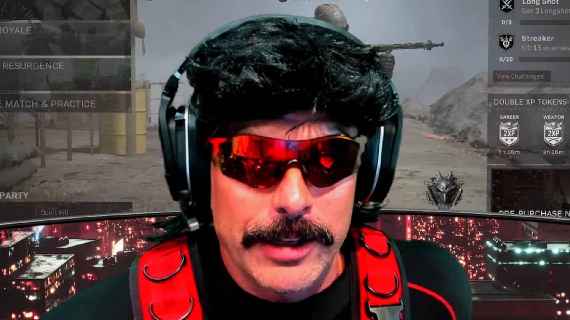 Dr Disrespect talking to camera with Warzone lobby screen in background