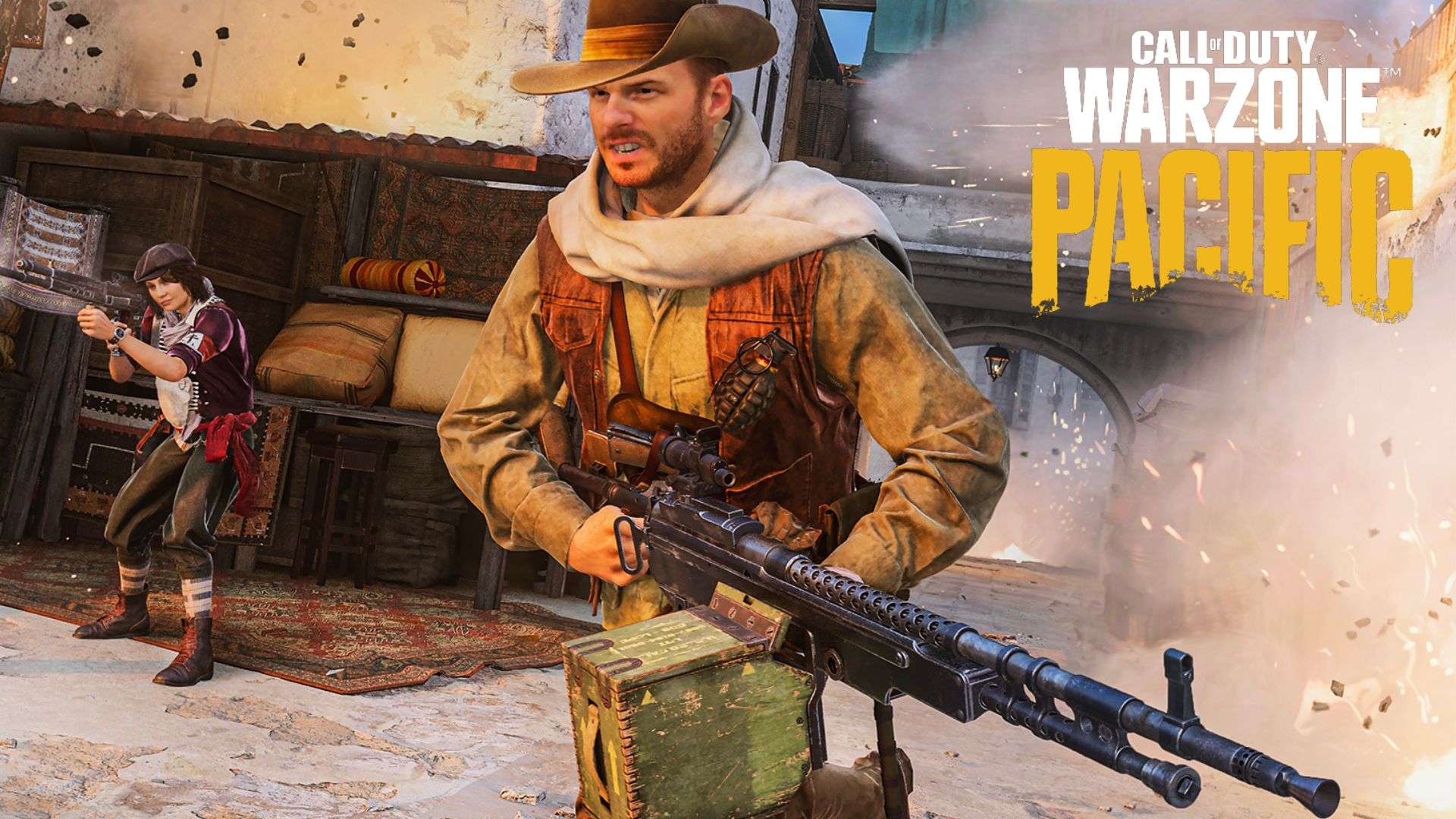 Vanguard character holding Whitley LMG with Warzone logo