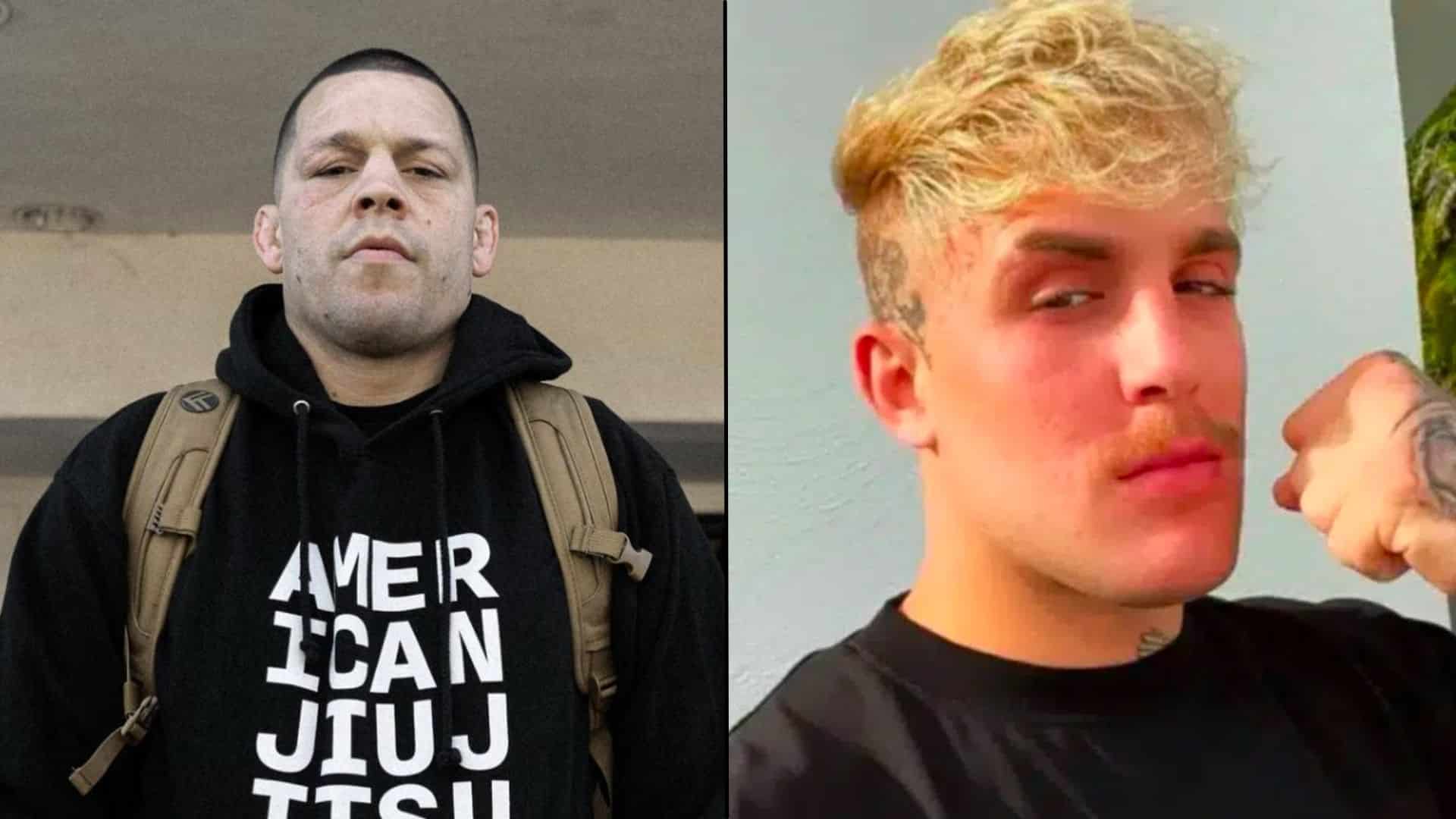 Nate Diaz and Jake Paul side-by-side staring at camera
