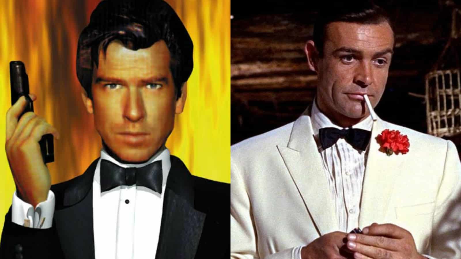 Pierce Brosnan in GoldenEye N64 and Sean Connery as James Bond in his white tuxedo in Goldfinger.