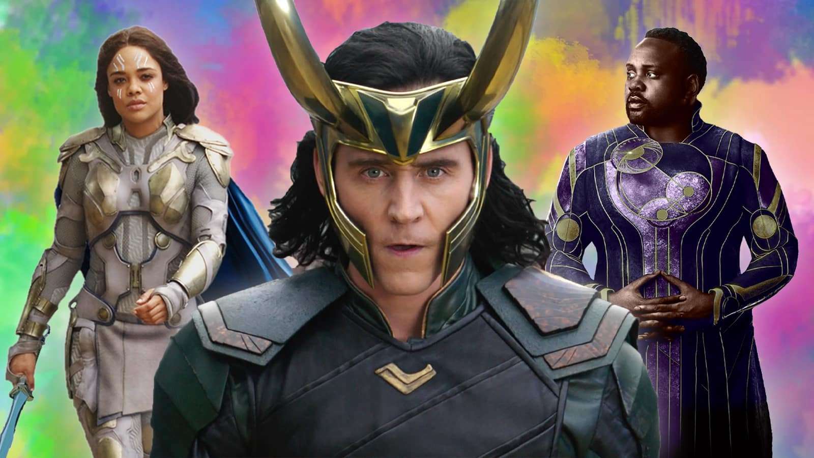 LGBTQ+ Marvel characters Valkyrie, Phastos, and Loki