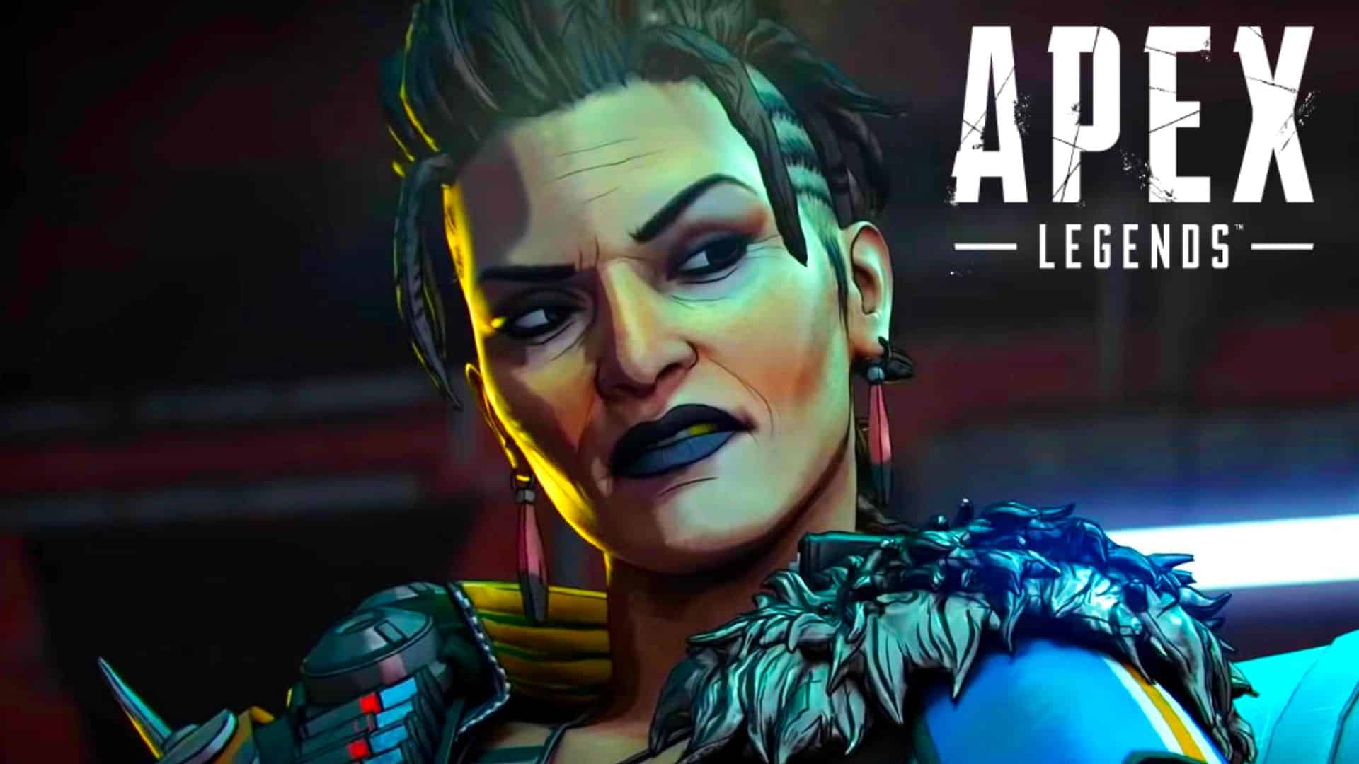 Mad Maggie staring at Apex Legends logo
