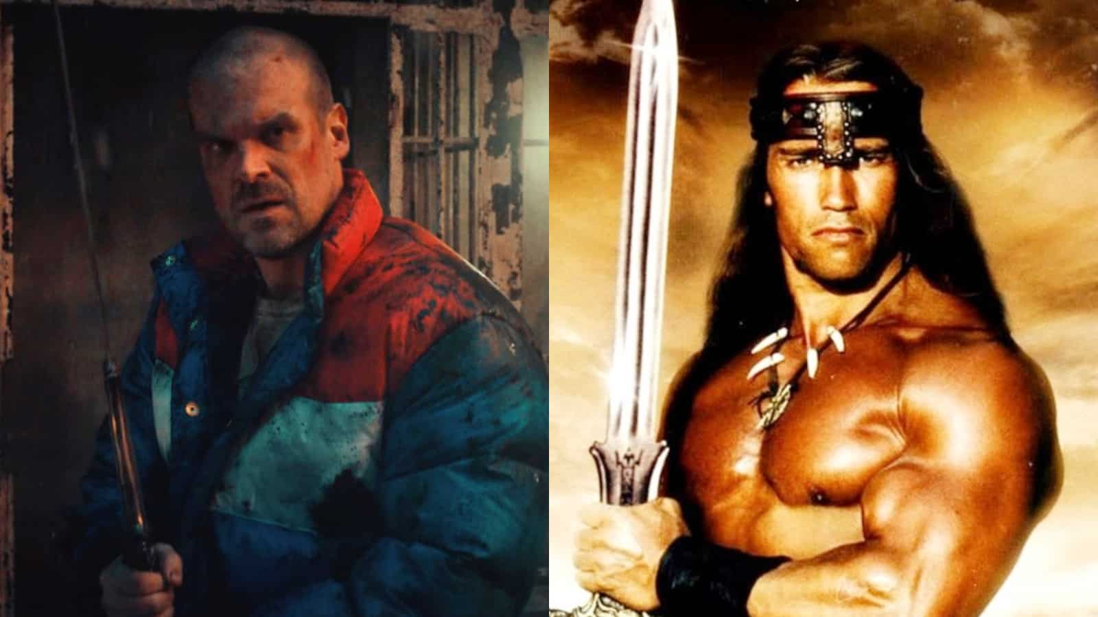 David Harbour holding a sword in Stranger Things Season 4 and Arnold Schwarzenegger holding a sword in Conan the Barbarian. Together, they add up a great Stranger Things easter egg.