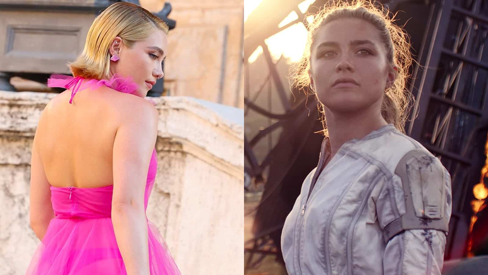 An image of florence pugh in a pink valentino dress