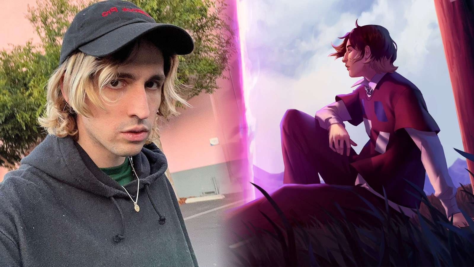 Porter Robinson next to Everything Goes On artwork