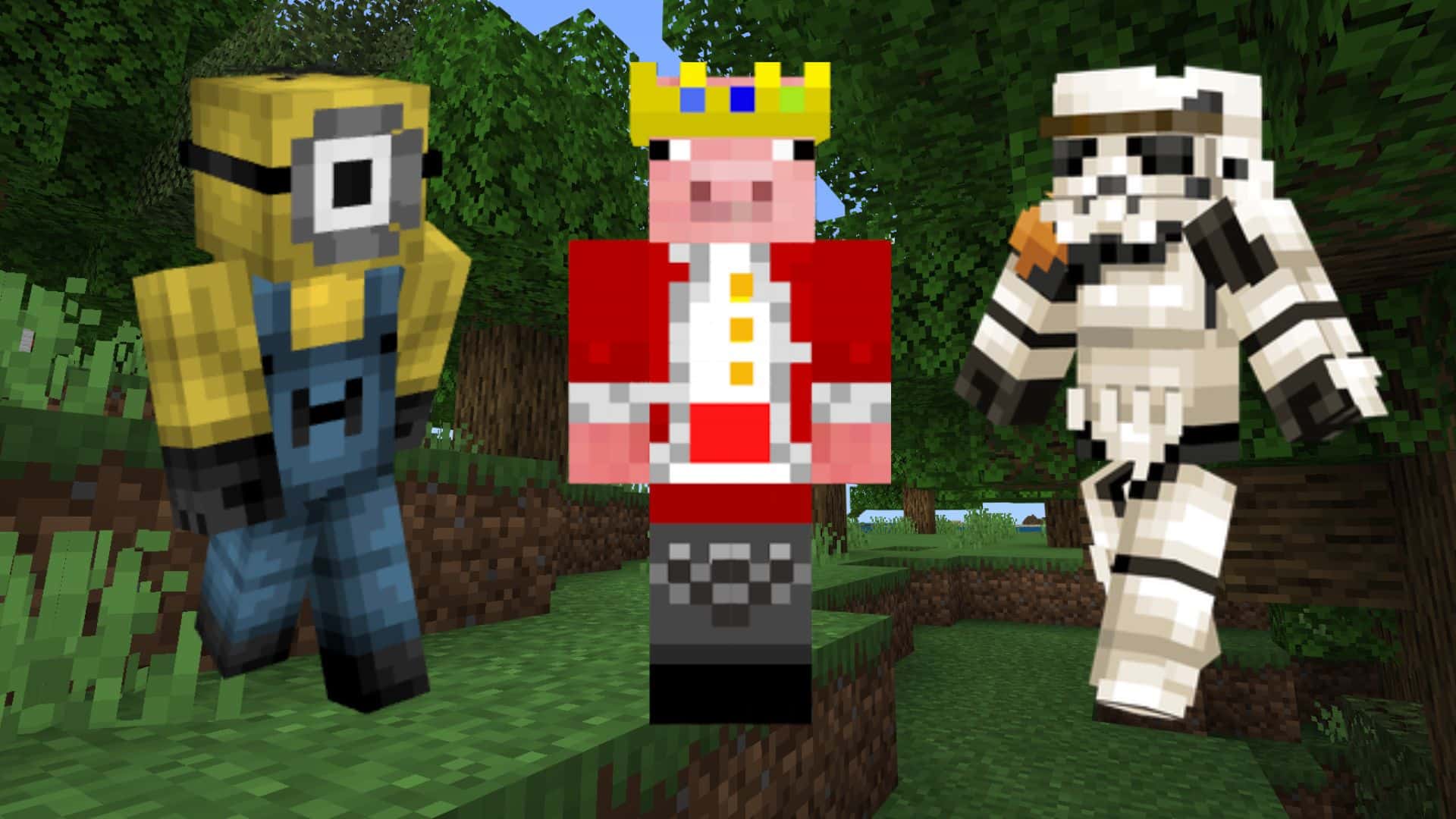 Minion, Technoblade, and Sandtrooper skins in front of a forest
