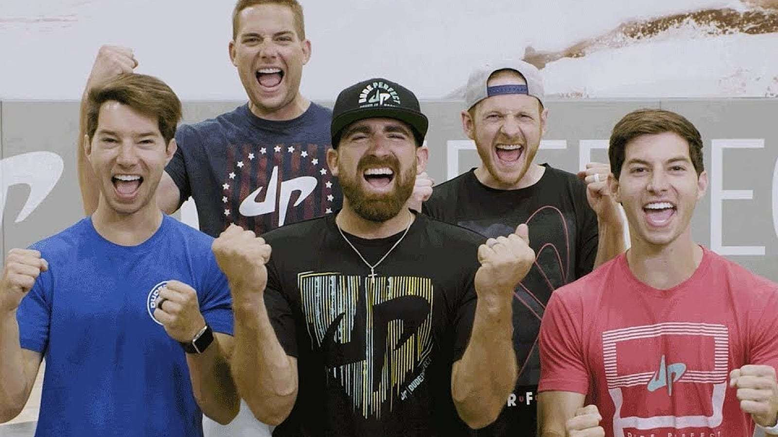 Dude Perfect cheering in YouTube thumbnail