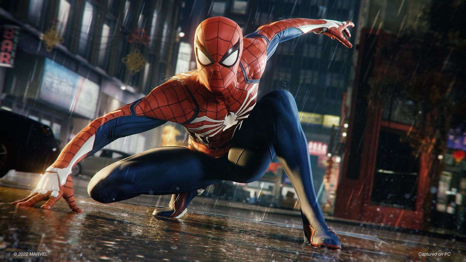 marvels spiderman crouching in rain pc header image