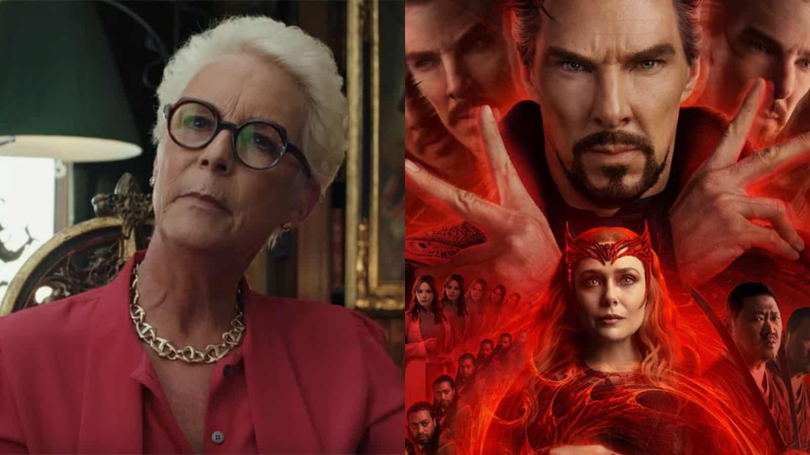 Jamie Lee Curtis in Knives Out and a poster for Marvel's Doctor Strange 2