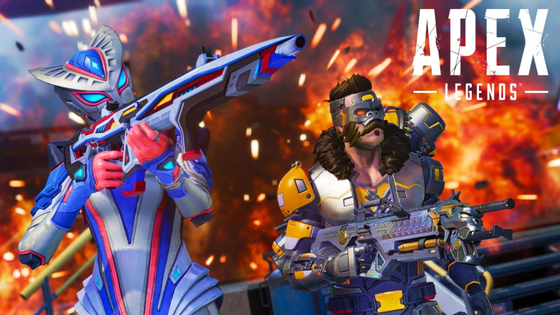 Apex Legends characters Fuse fighting in a match with fire surronding them