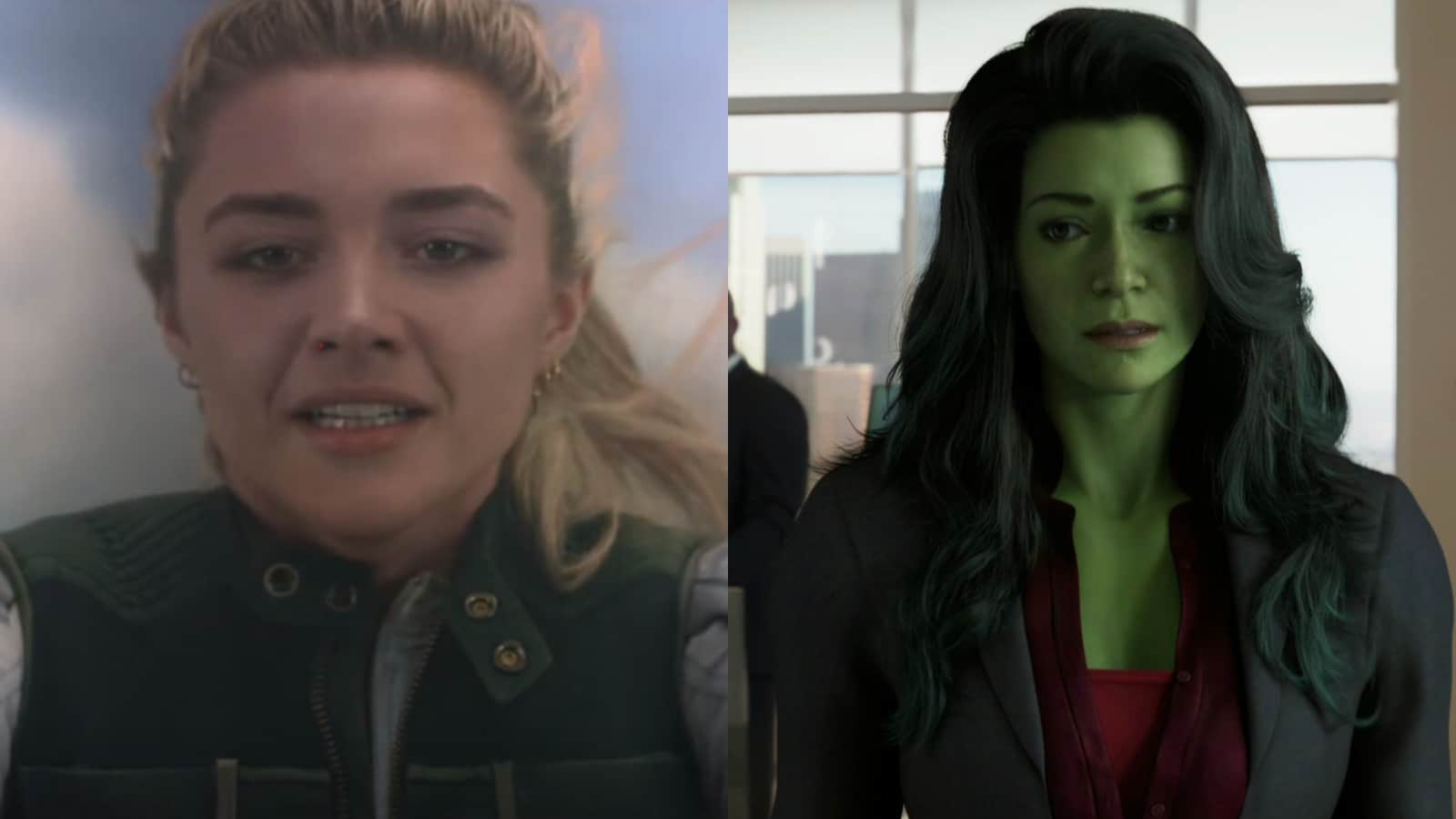 Florence Pugh in Black Widow and a still from She-Hulk