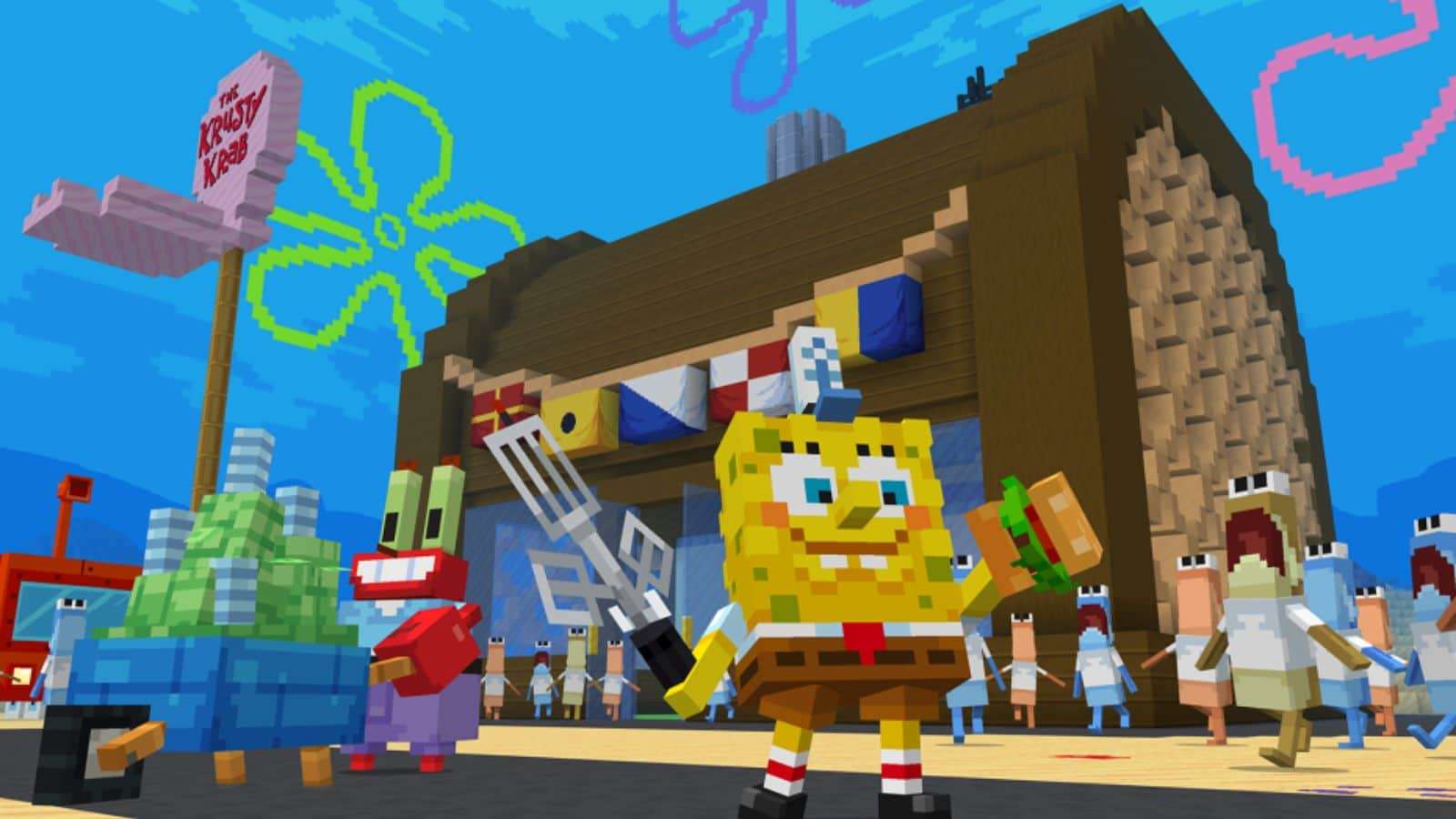 Minecraft SpongeBob in front of the Krusty Krab