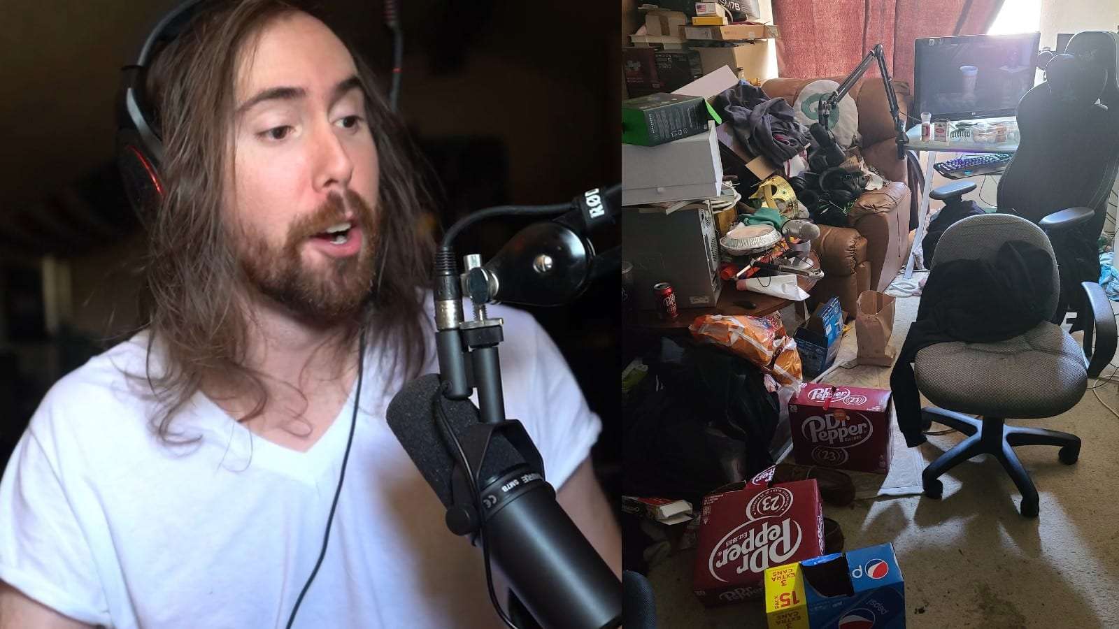 Asmongold streaming on Twitch next to a picture of his room before cleaning up