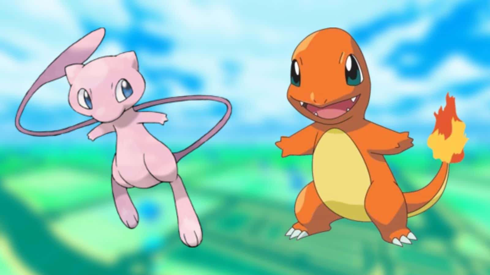 Mew and Charmander in front of a Pokemon background