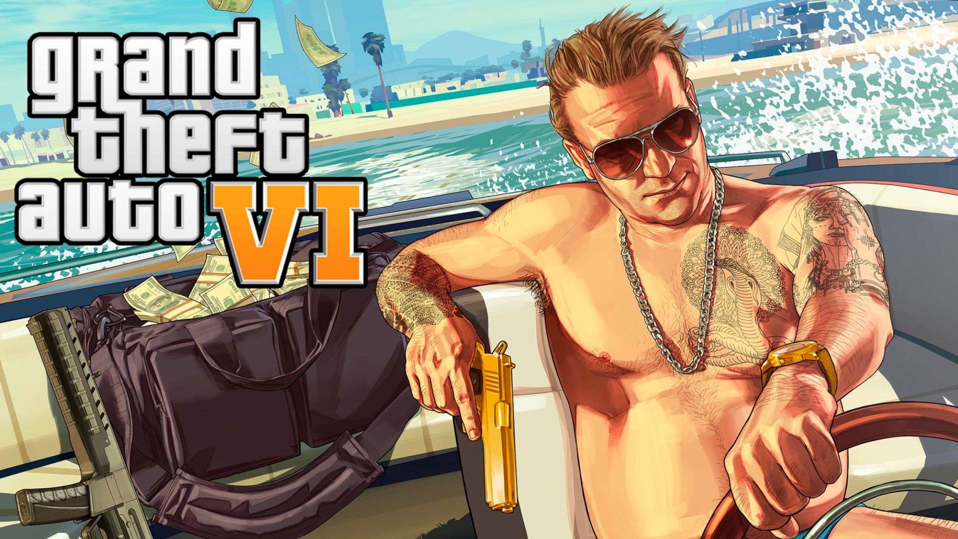 GTA character piloting a boat holding a gun and a bag of money