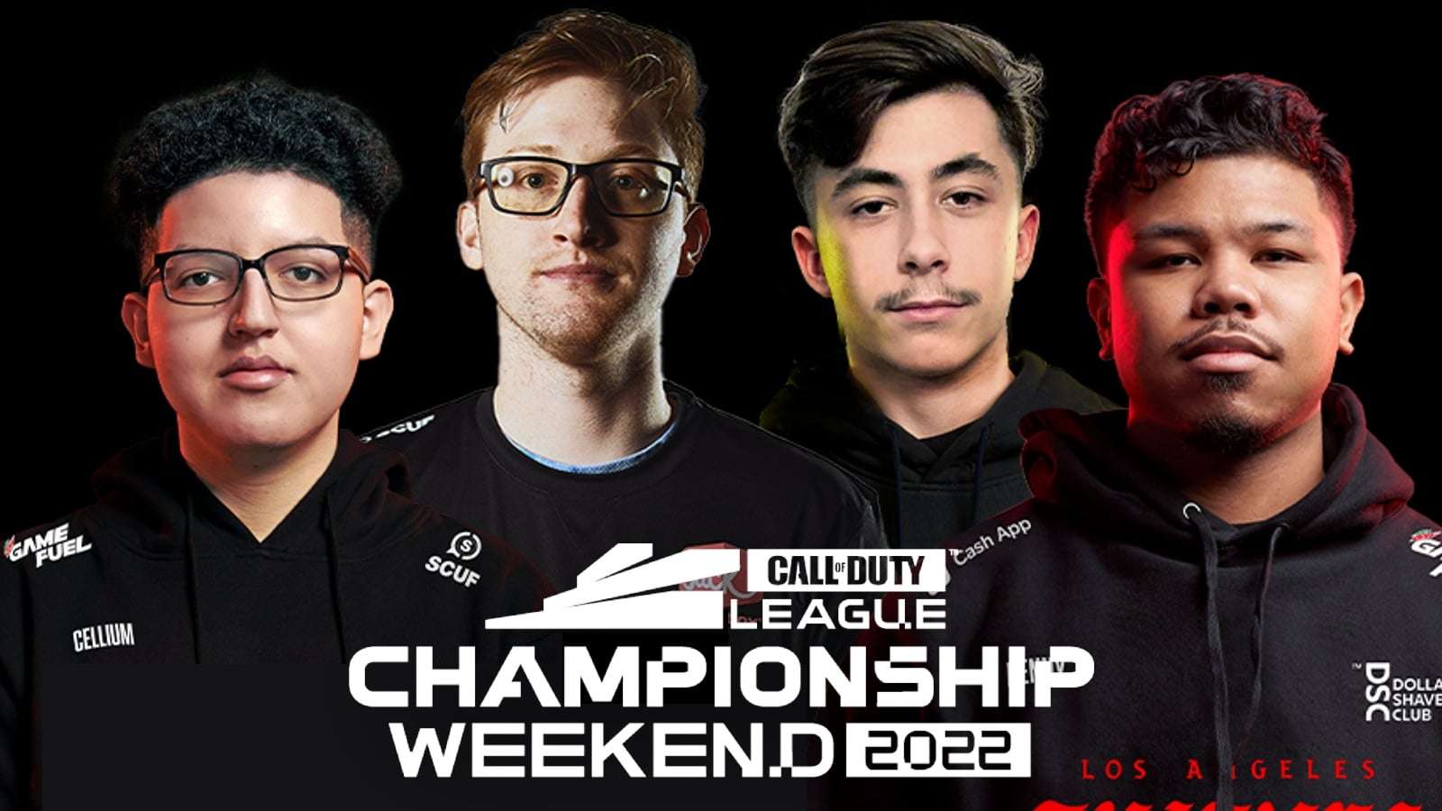 cdl champs weekend poster with cellium, scump, hydra and kenny