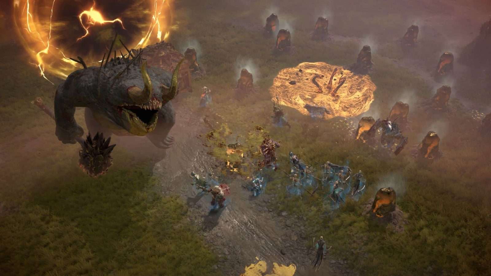 players fighting giant enemy in diablo 4