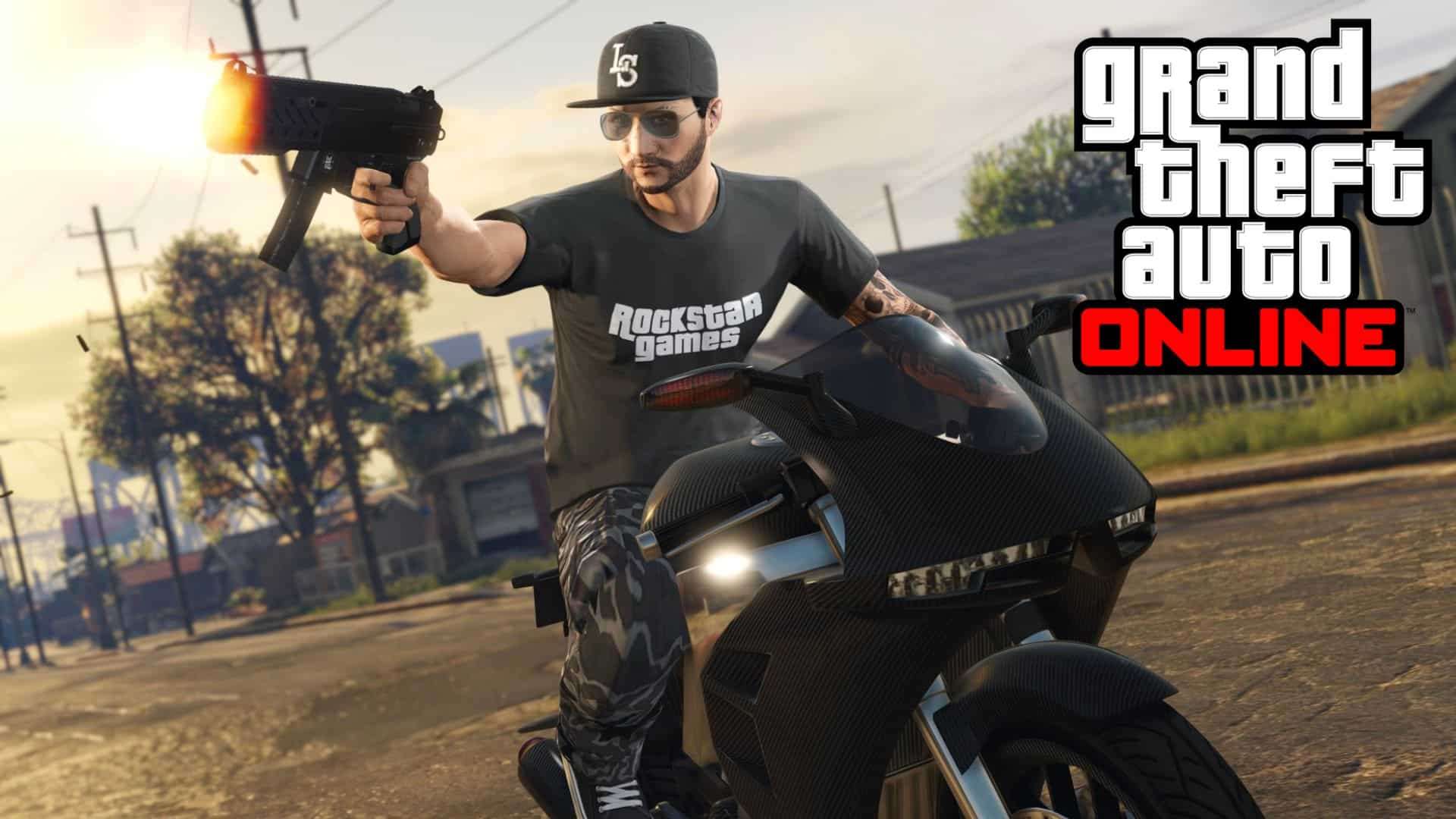 GTA Online character riding bike with gun out