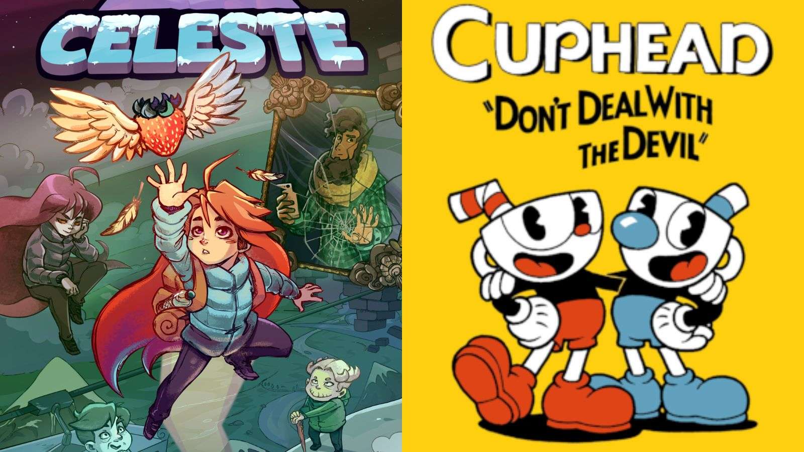 Cuphead and Celeste split image
