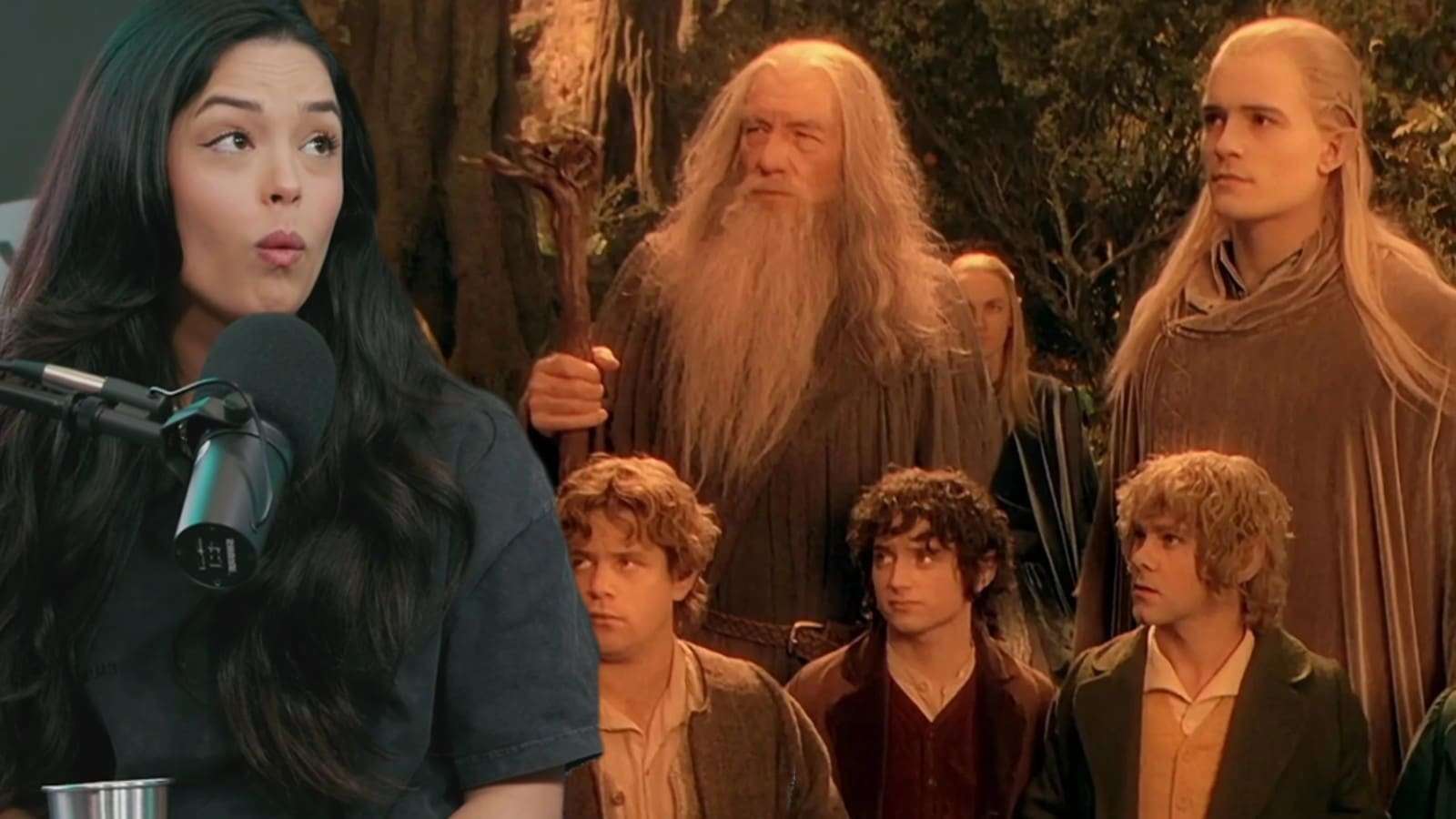 Valkyrae speaing on 100 Thieves 'Boomer vs. Zoomer' podcast with screenshot from The Fellowship of The Ring