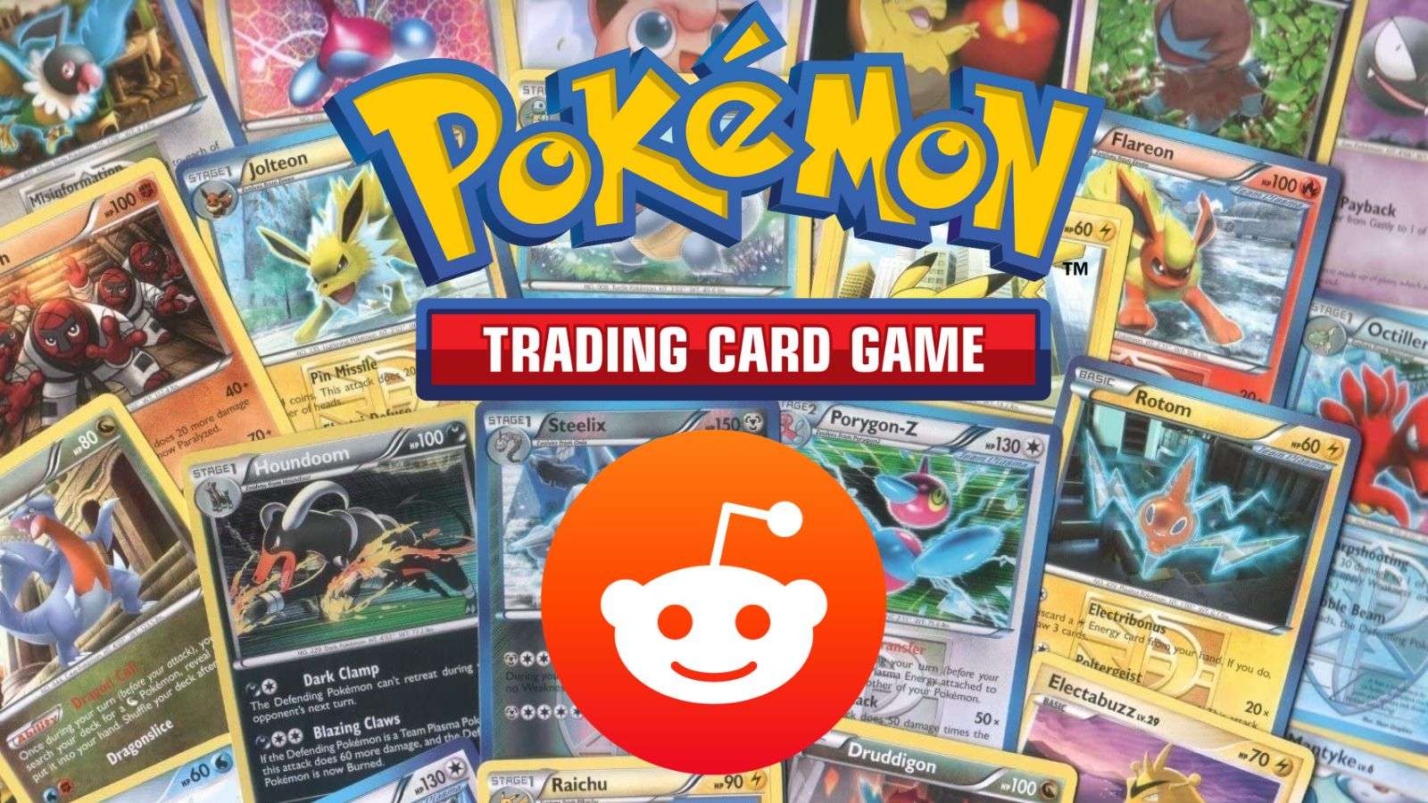 Reddit logo in front of Pokemon cards