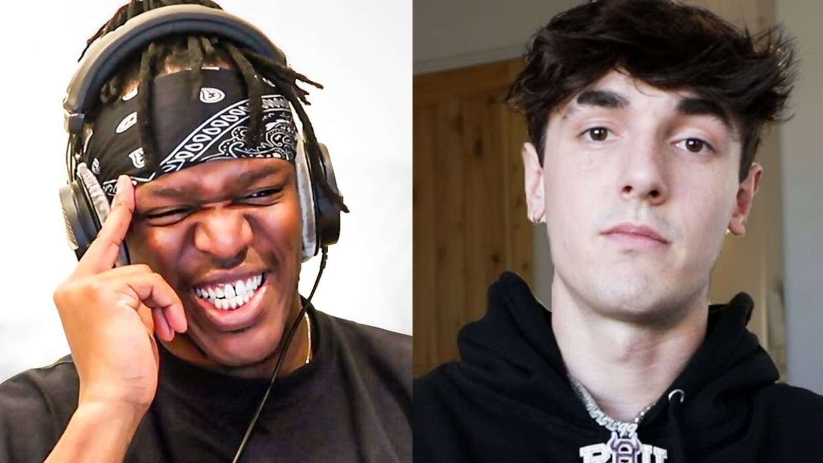 KSI laughing and Bryce Hall looking serious