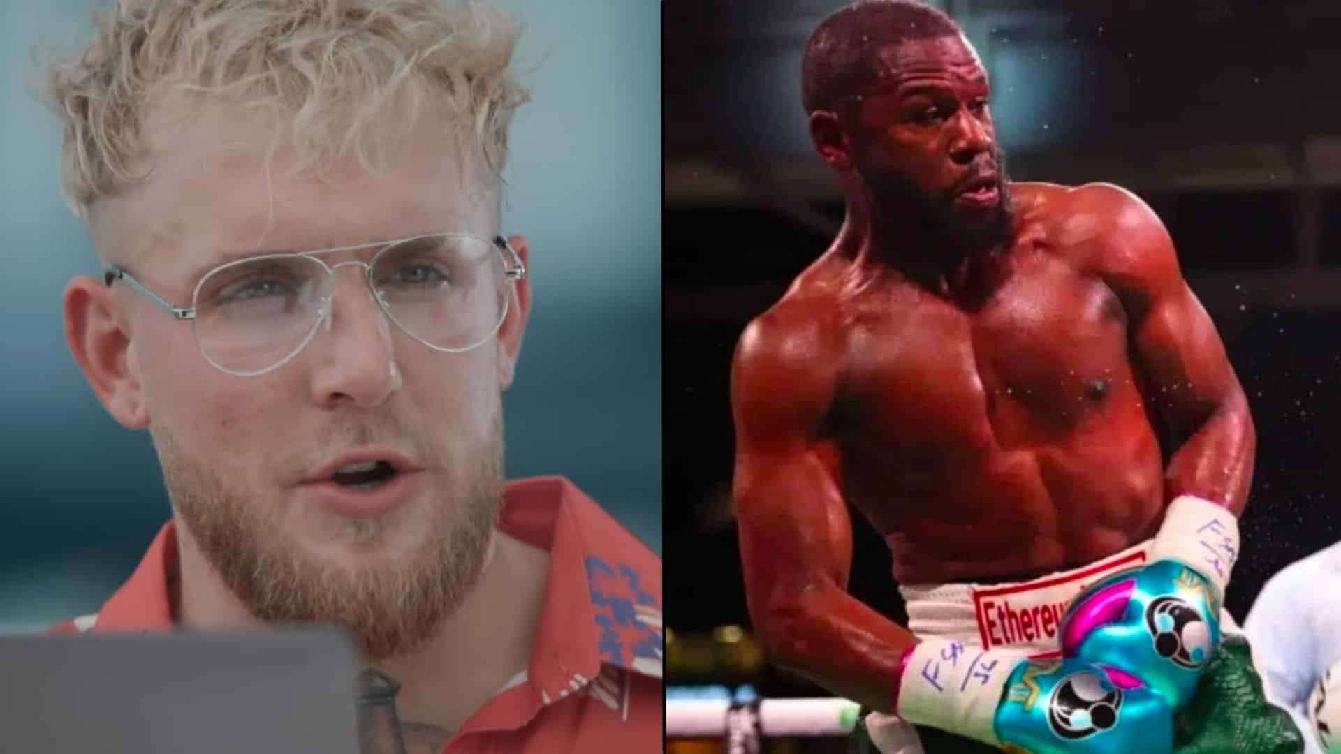 Jake Paul and Floyd Mayweather side by side looking at camera and dodging punch