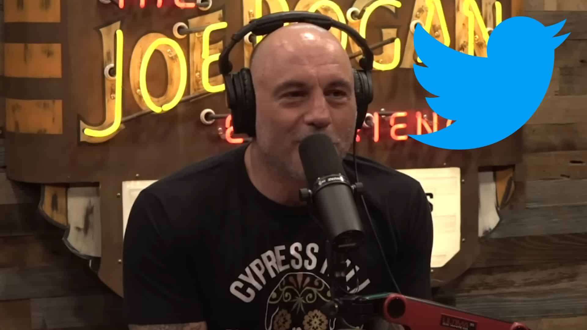 Joe Rogan talking to camera with Twitter logo