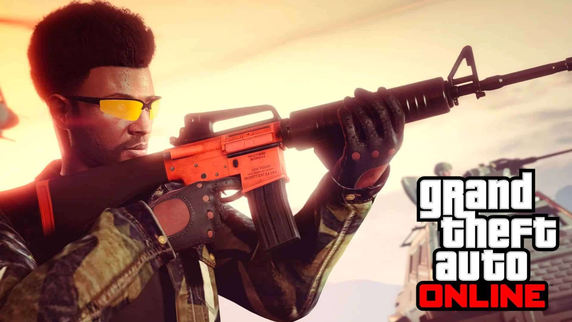 GTA online character aiming m16 to the sky against light background