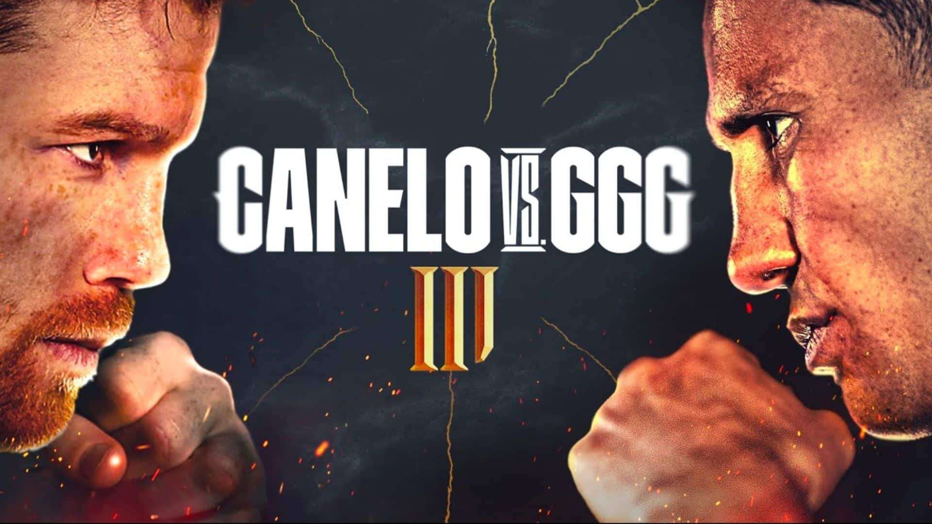 Canelo and Golovkin poster squaring off against grey background with gold text