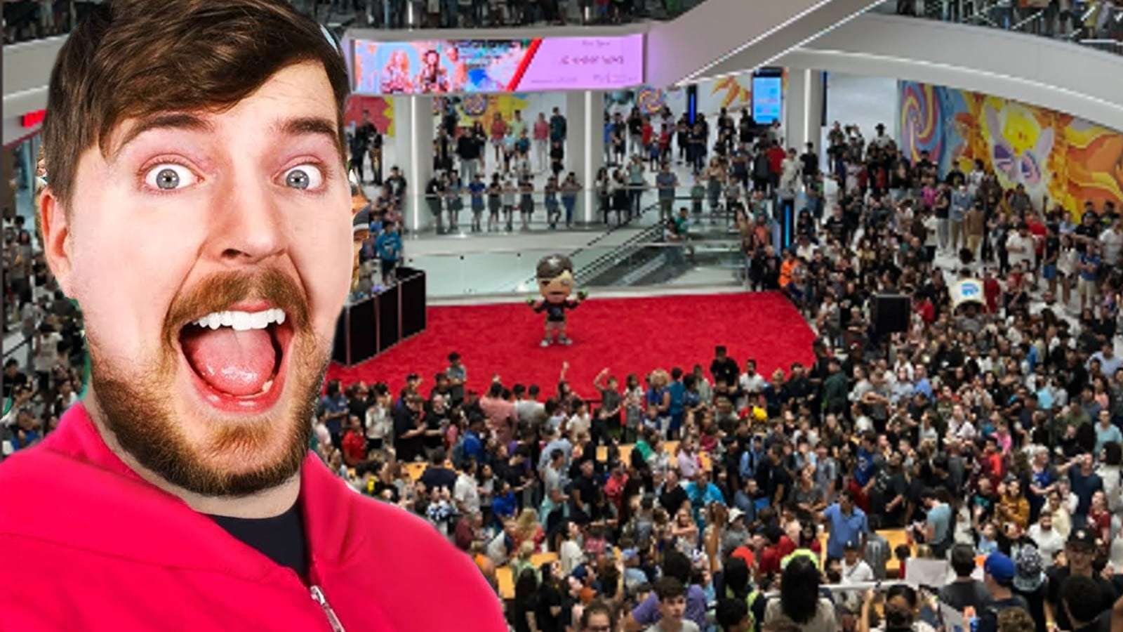 MrBeast smiling in front of large crowds at MrBeast Burger restaurant opening