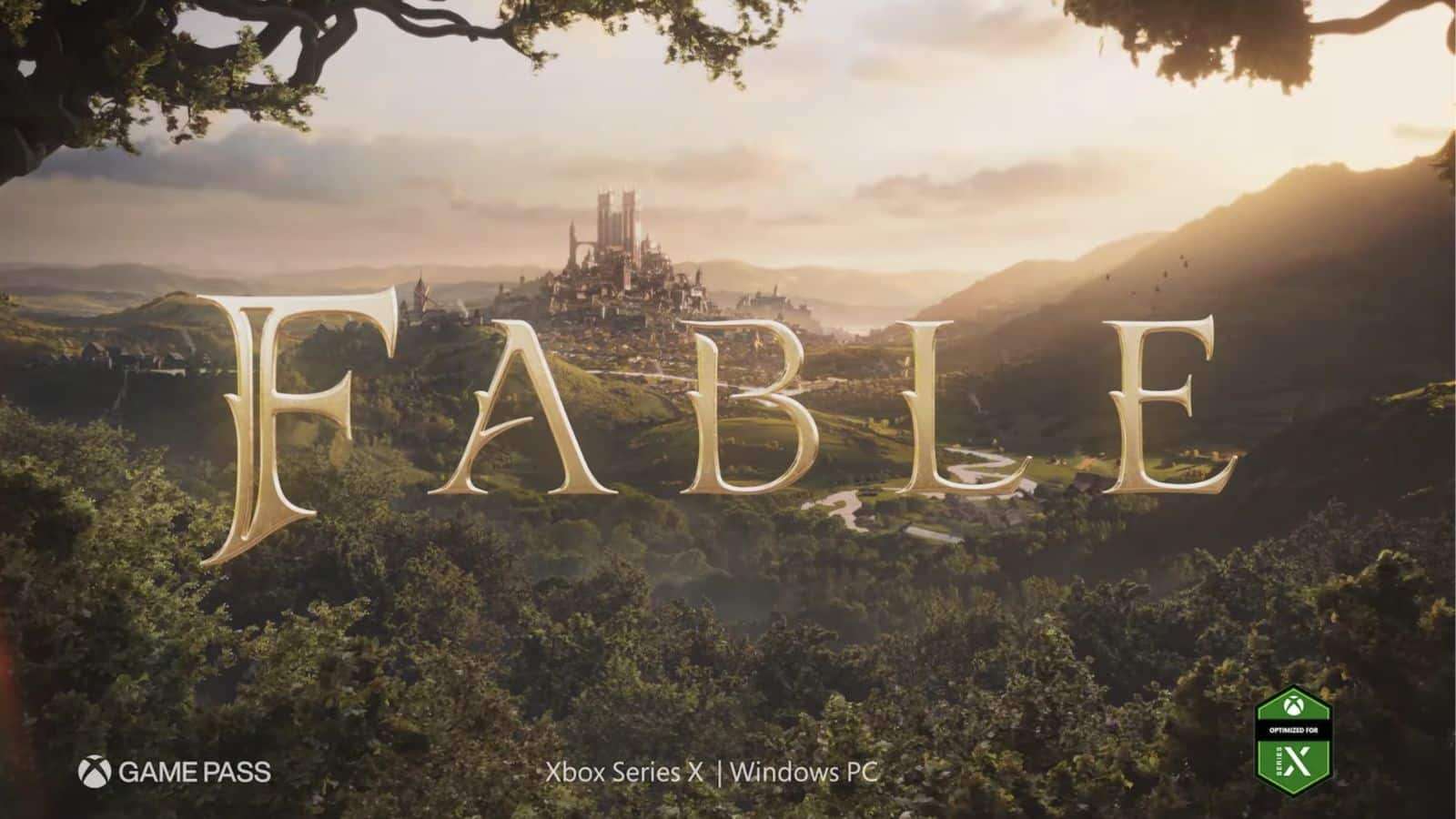 Fable logo with a city background