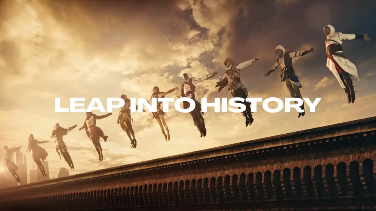 Assassin's Creed Trailer screenshot showing the franchise's heroes mid-jump