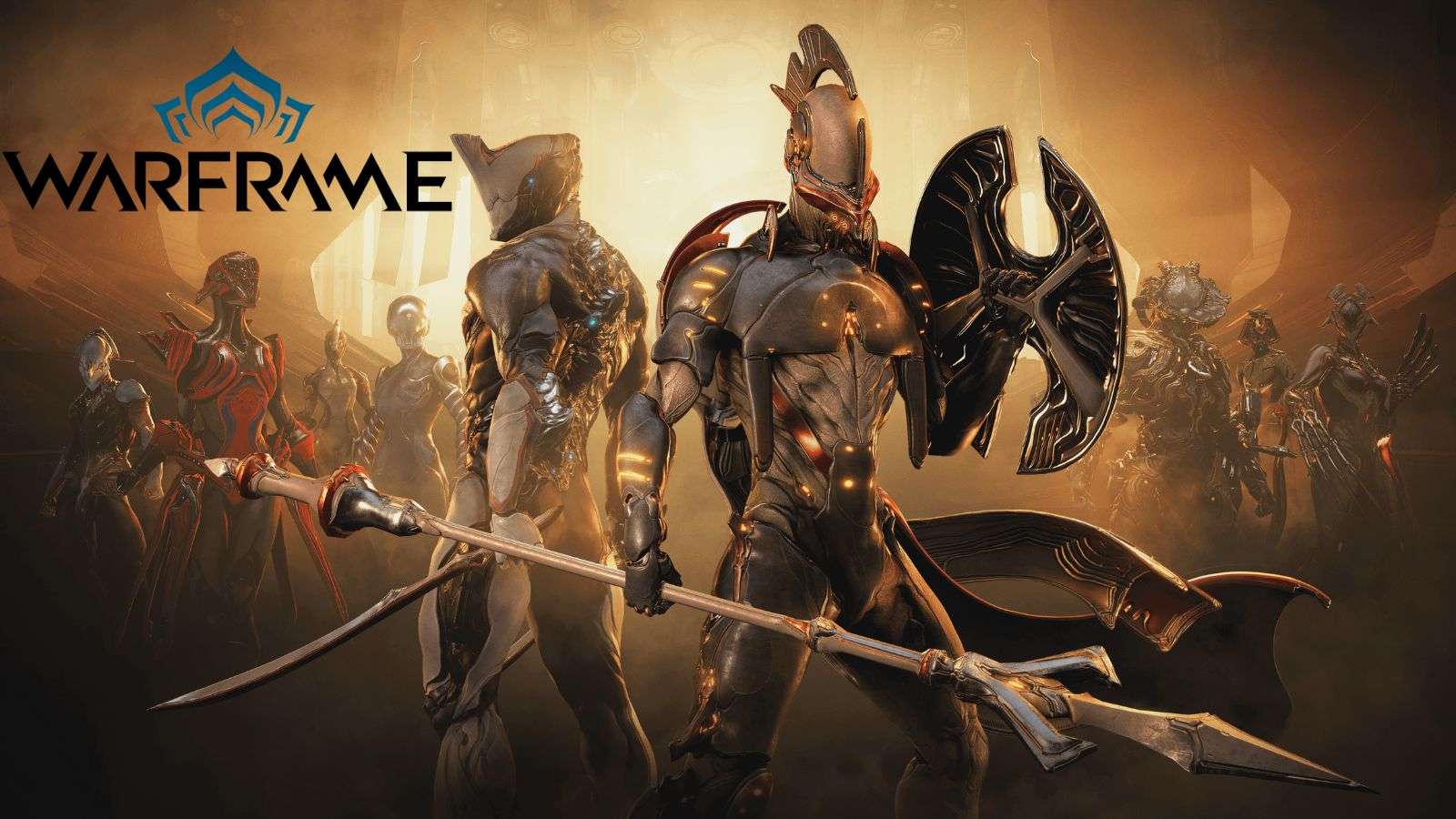 Warframe characters posing with melee weapons