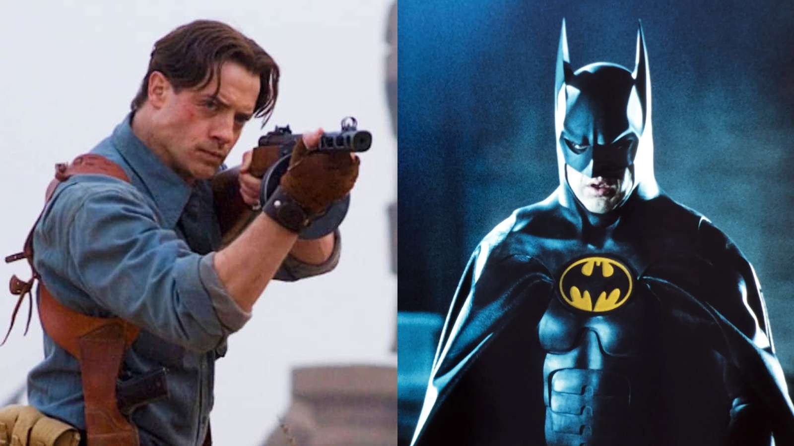 An image of Brendan Fraser and Michael Keaton as Batman