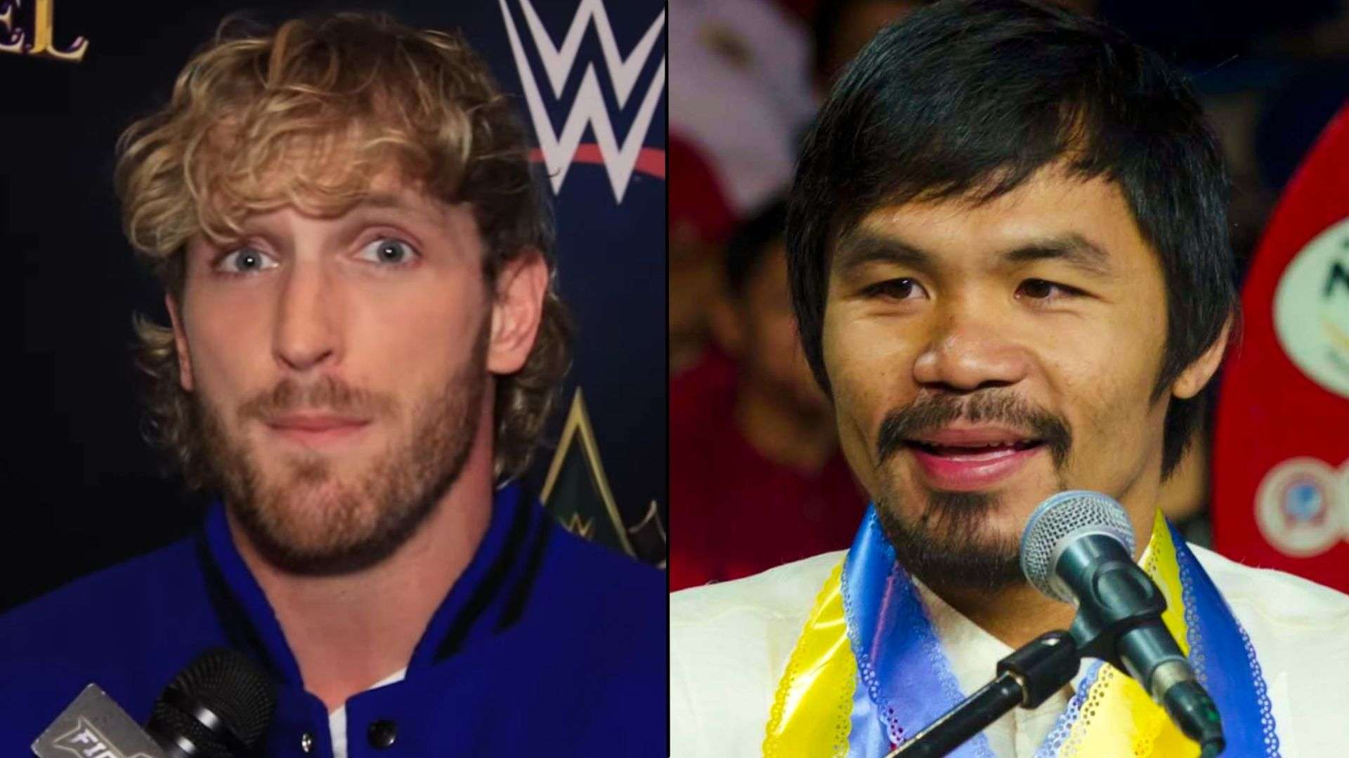 Logan Paul and Manny Pacquiao side-by-side talking into mic