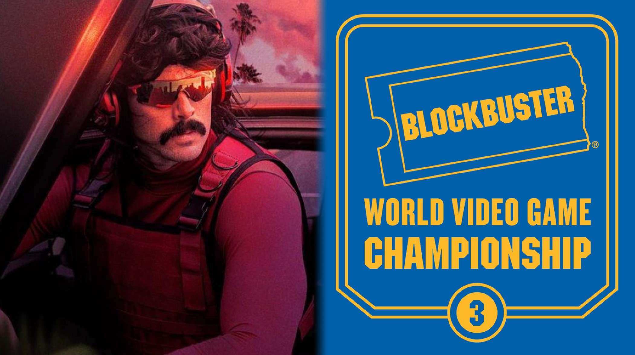Dr Disrespect next to Blockbuster game championship