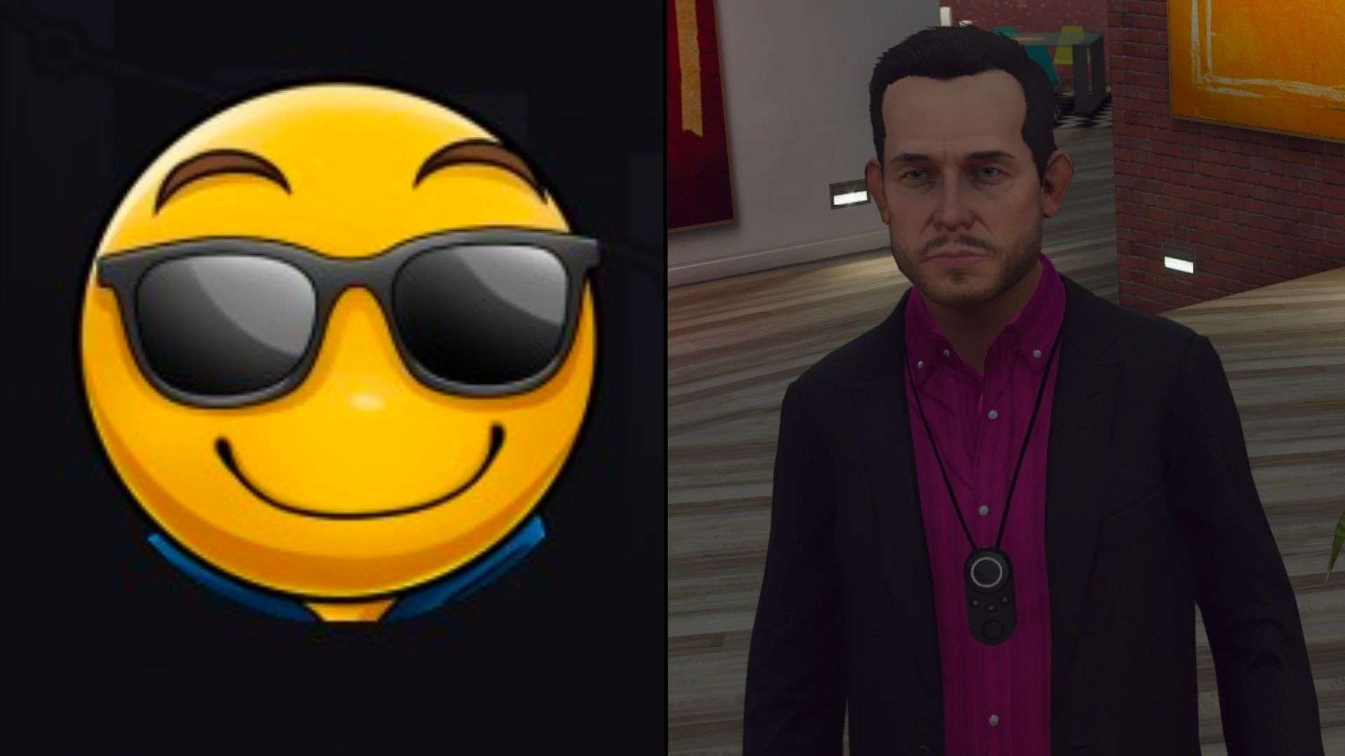 Smiling yellow face emoji alongside GTA rp character