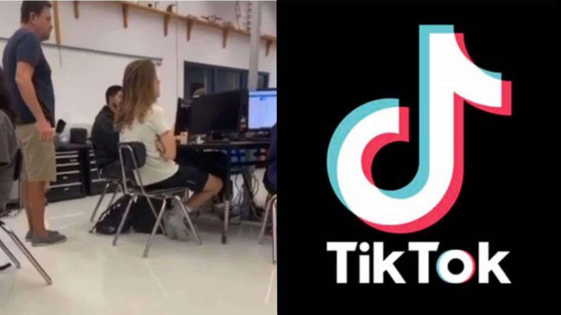Teacher arguing with class next to TikTok logo on black background