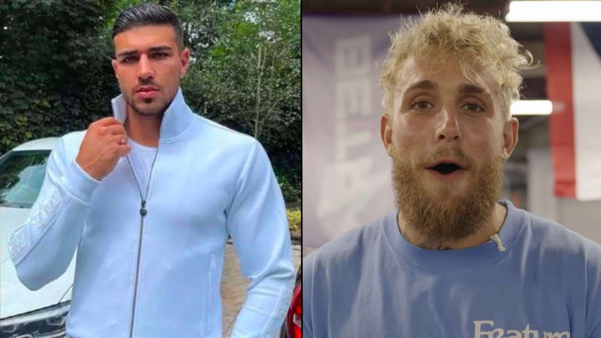 Tommy Fury posing in front of trees with Jake Paul inside boxing gym with flags