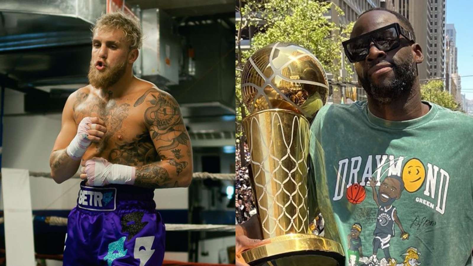 Jake Paul boxing next to Draymond Green with NBA trophy