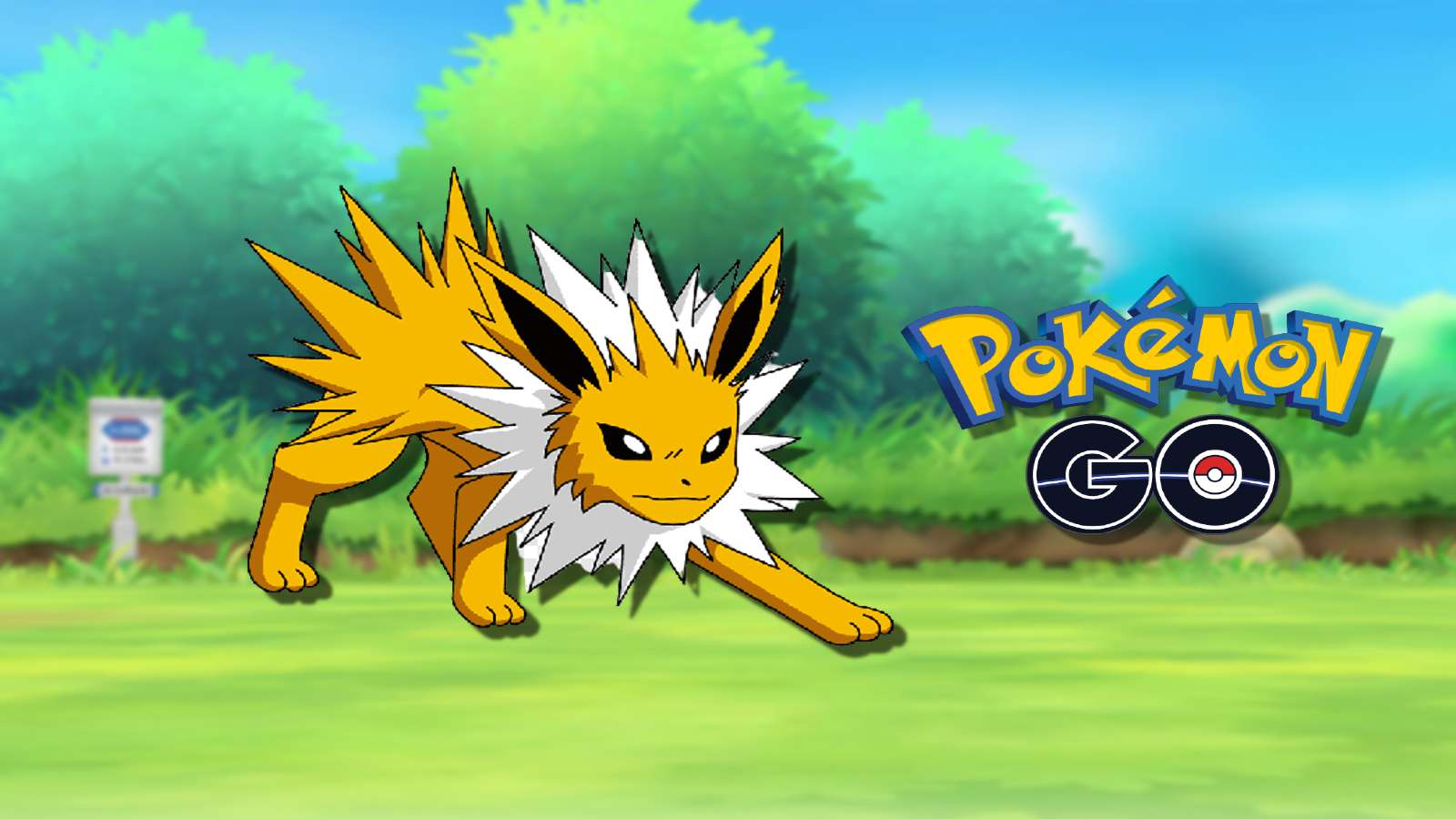 Jolteon fin front of a Pokemon-themed backdrop.