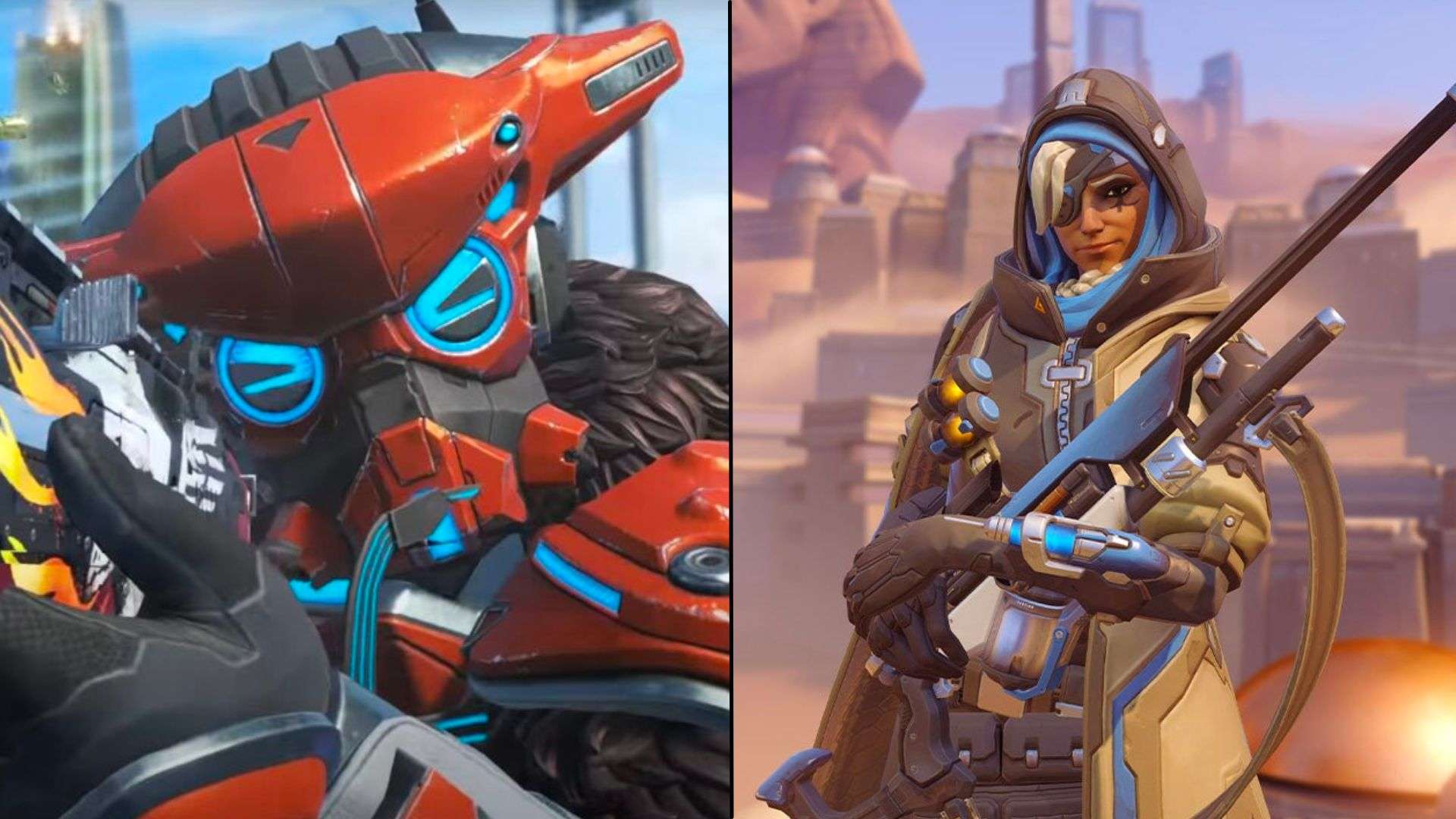 Bloodhound in Apex Legends aiming gun next to Ana from overwatch